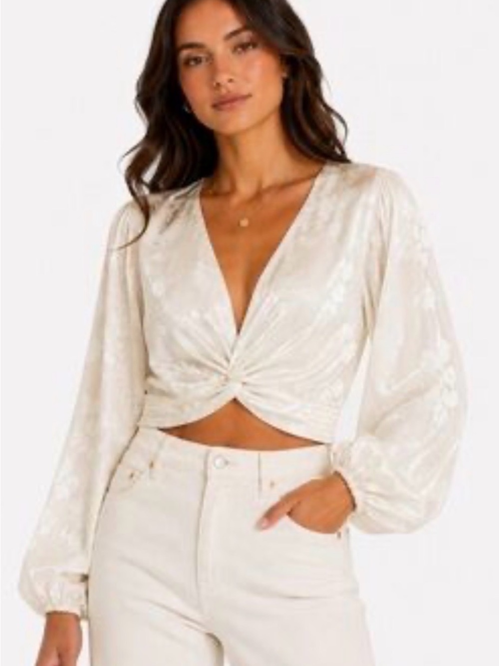 Zara Cream Twist-Front Balloon Sleeve Crop Top